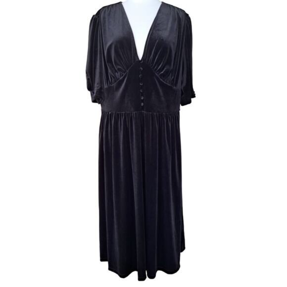 LAUREN Ralph Lauren Black Velvet V-Neck Puff Sleeve A-Line Midi Dress Size 2X - Picture 8 of 14